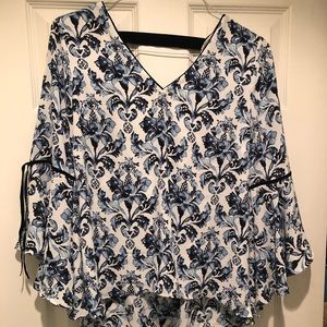 WHBM blue and white floral tie-sleeve blouse